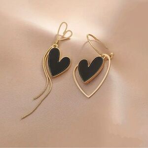Gold Asymmetrical Navy Heart Tassel Earrings.